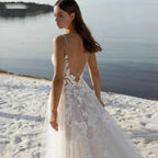 Bohemian Wedding Dresses Women's Sexy Backless Lace Applique Sleeveless V-Neck A-Line Princess Bridal Gowns Formal Beach Party