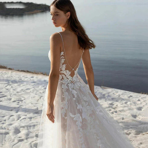 Vestidos de novia bohemios para mujer, sexis, sin espalda, con apliques de encaje, sin mangas, escote en V, corte princesa, ideales para fiestas formales en la playa.