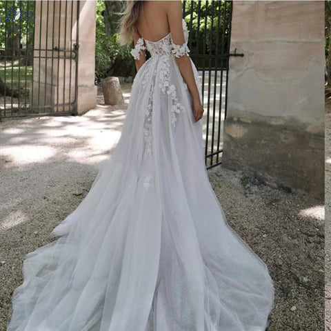Vestidos de novia bohemios para mujer, sexys y elegantes, con abertura lateral alta, tul, apliques de encaje, hombros descubiertos, estilo princesa.