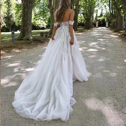 Vestidos de novia bohemios para mujer, sexys y elegantes, con abertura lateral alta, tul, apliques de encaje, hombros descubiertos, estilo princesa.