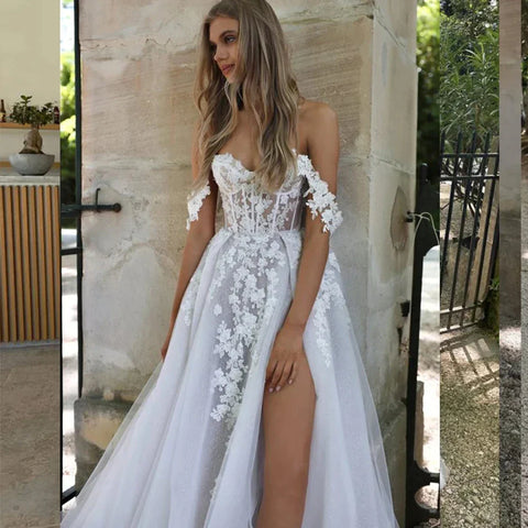 Vestidos de novia bohemios para mujer, sexys y elegantes, con abertura lateral alta, tul, apliques de encaje, hombros descubiertos, estilo princesa.