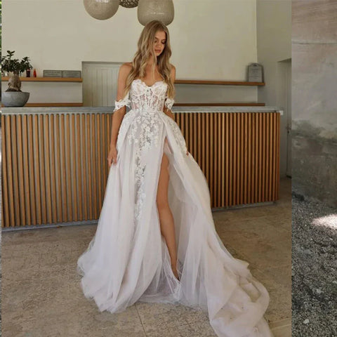 Vestidos de novia bohemios para mujer, sexys y elegantes, con abertura lateral alta, tul, apliques de encaje, hombros descubiertos, estilo princesa.