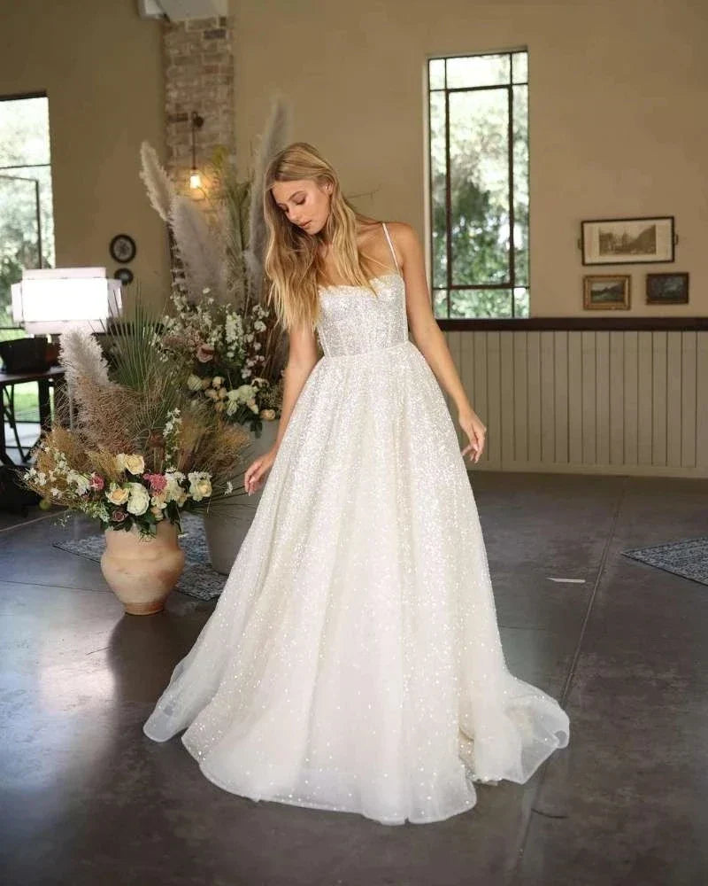Bohemian Wedding Gowns A-Line Women's Sweetheart Bridal Dresses Sexy Sleeveless Sparkling Tulle Robe Vestidos Fiesta فستان
