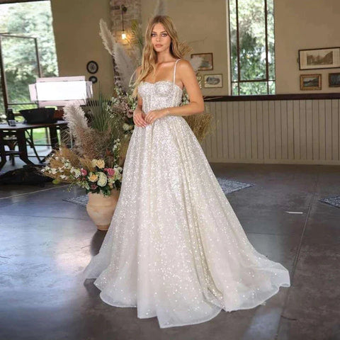 Bohemian Wedding Gowns A-Line Women's Sweetheart Bridal Dresses Sexy Sleeveless Sparkling Tulle Robe Vestidos Fiesta فستان