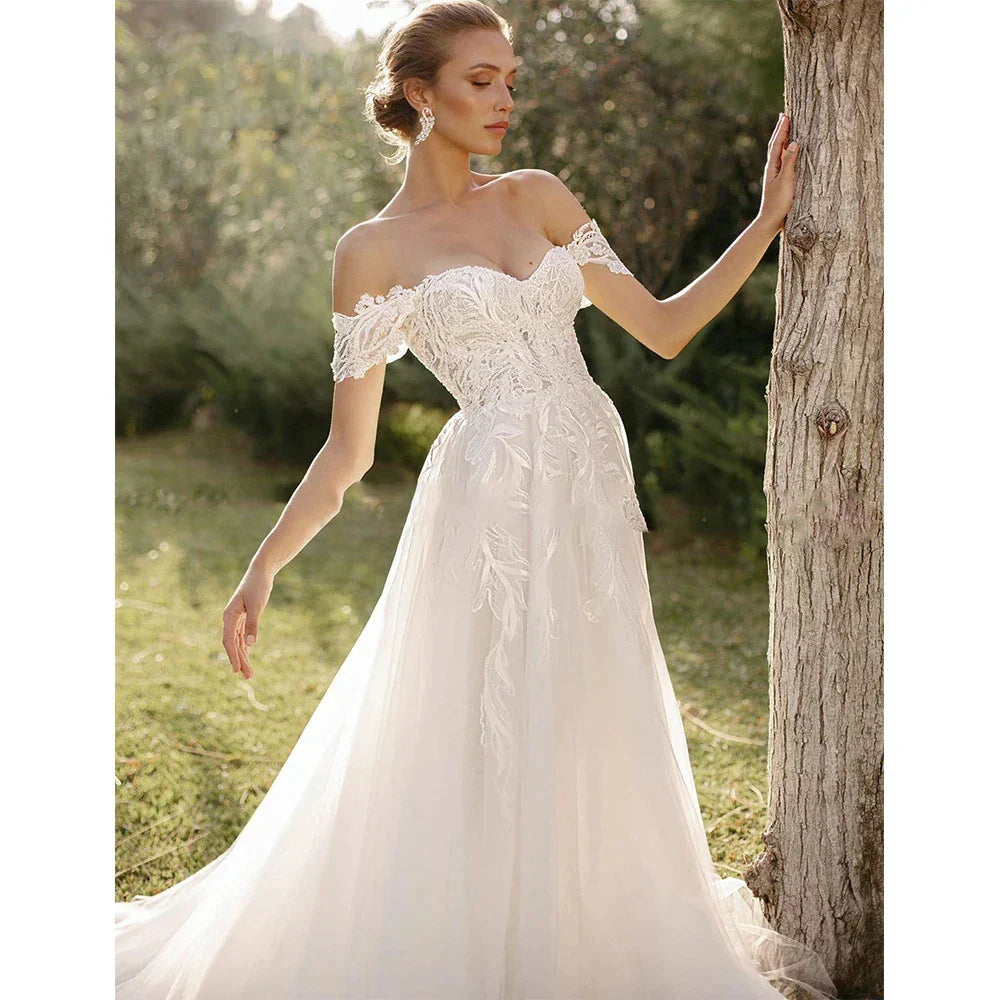 Bohemian Women's Wedding Dresses Sexy Off Shoulder A-Line Sheer Sticker Princess Prom Bridal Gowns  Vestidos De Novia Robe