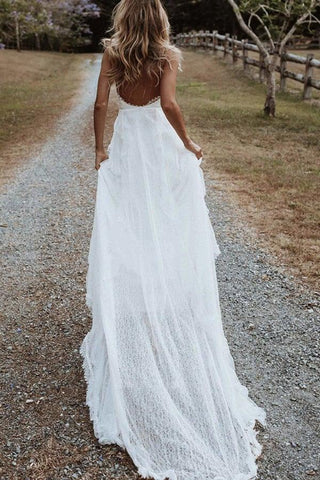 Robe de mariée bohème trapèze, col en V, fente en dentelle et appliques WD560