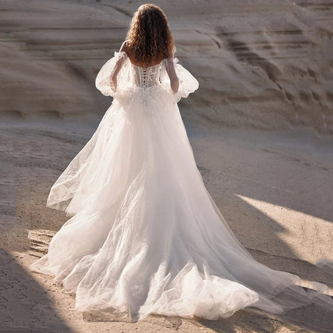 Boho desmontable fuera del hombro mangas largas Puff Vestido De Novia apliques De novia Vestido De Noiva una línea Vestidos De Novia