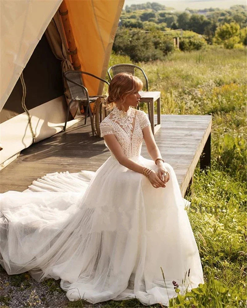 Boho Lace Tulle High Neck Wedding Dresses Women's Cap Sleeves A-Line Bohemian Bridal Gowns Vintage Elegant Robes De Mariée