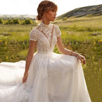 Boho Lace Tulle High Neck Wedding Dresses Women's Cap Sleeves A-Line Bohemian Bridal Gowns Vintage Elegant Robes De Mariée