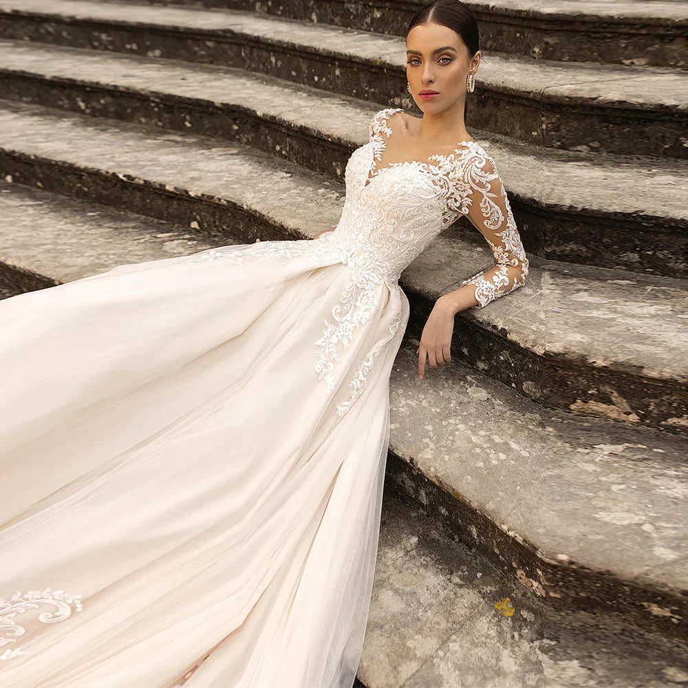 Boho Lace Tulle Wedding Dress  Princess Champagne A-Line V-Neck Long Sleeves Appliques Illusion Backless With Button Bridal Gown