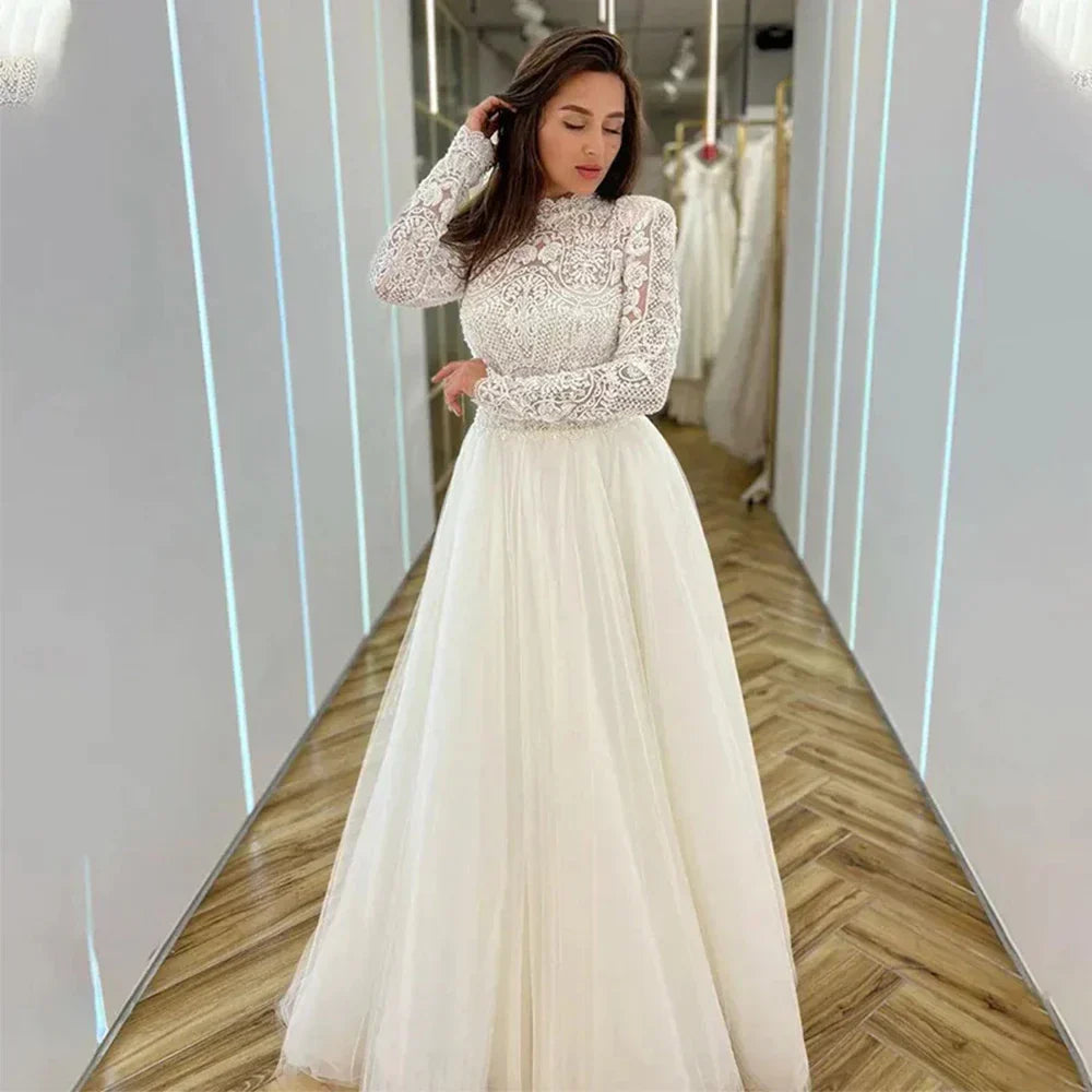 Vestidos de novia románticos estilo sirena, cuello alto, mangas largas, exquisitos apliques de encaje, estilo princesa, vestidos de novia playeros. 