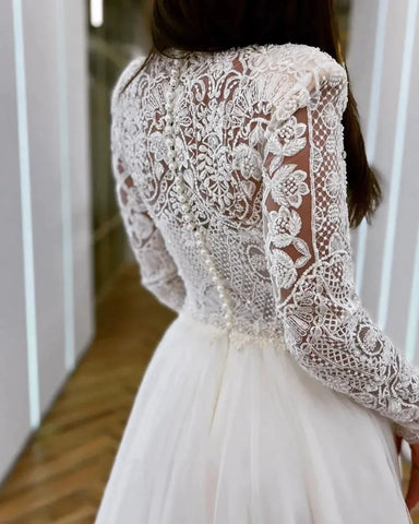 Romantic Wedding Dresses Mermaid High Neck Long Sleeves Exquisite Lace Appliques Princess Style Beach Mopping Bride Gowns