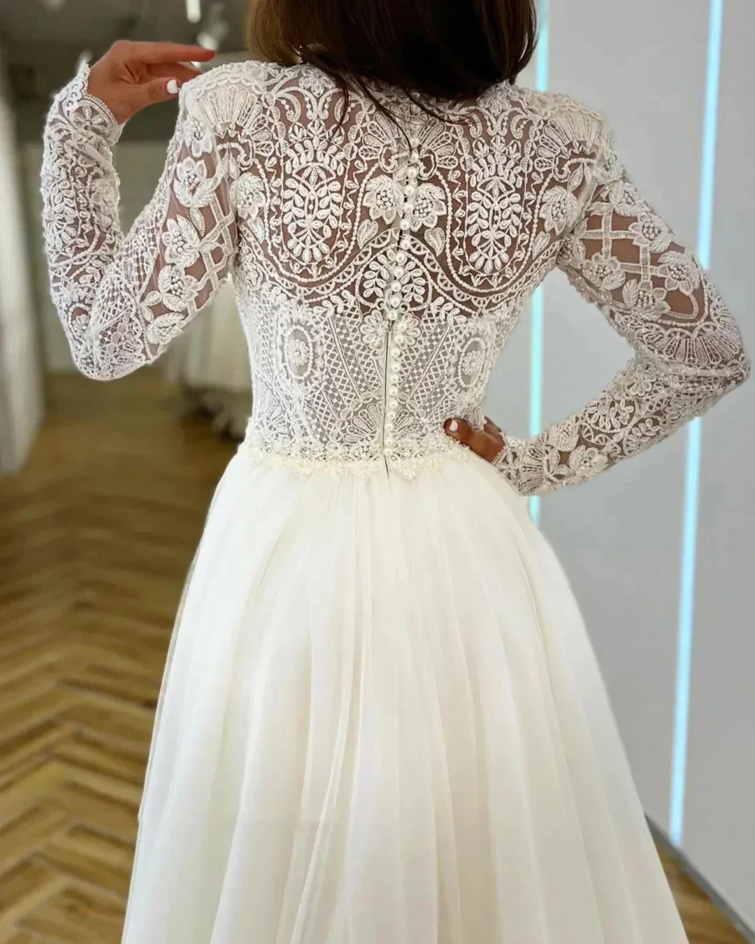 Vestidos de novia románticos estilo sirena, cuello alto, mangas largas, exquisitos apliques de encaje, estilo princesa, vestidos de novia playeros. 