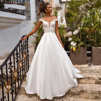 Boho Wedding Dress Cap Sleeves Illusion Neck Appliqued Satin Bridal Dress Beach Princess Plus Size Wedding Gowns Custom Mad