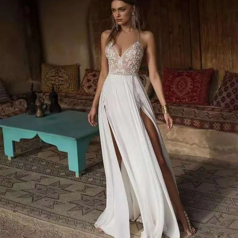 Boho Wedding Dress Sexy Slit Beach Wedding Dress V Neck Bridal Gown Spaghetti Strap Chiffon Backless Vestido De Noiva Brautkleid