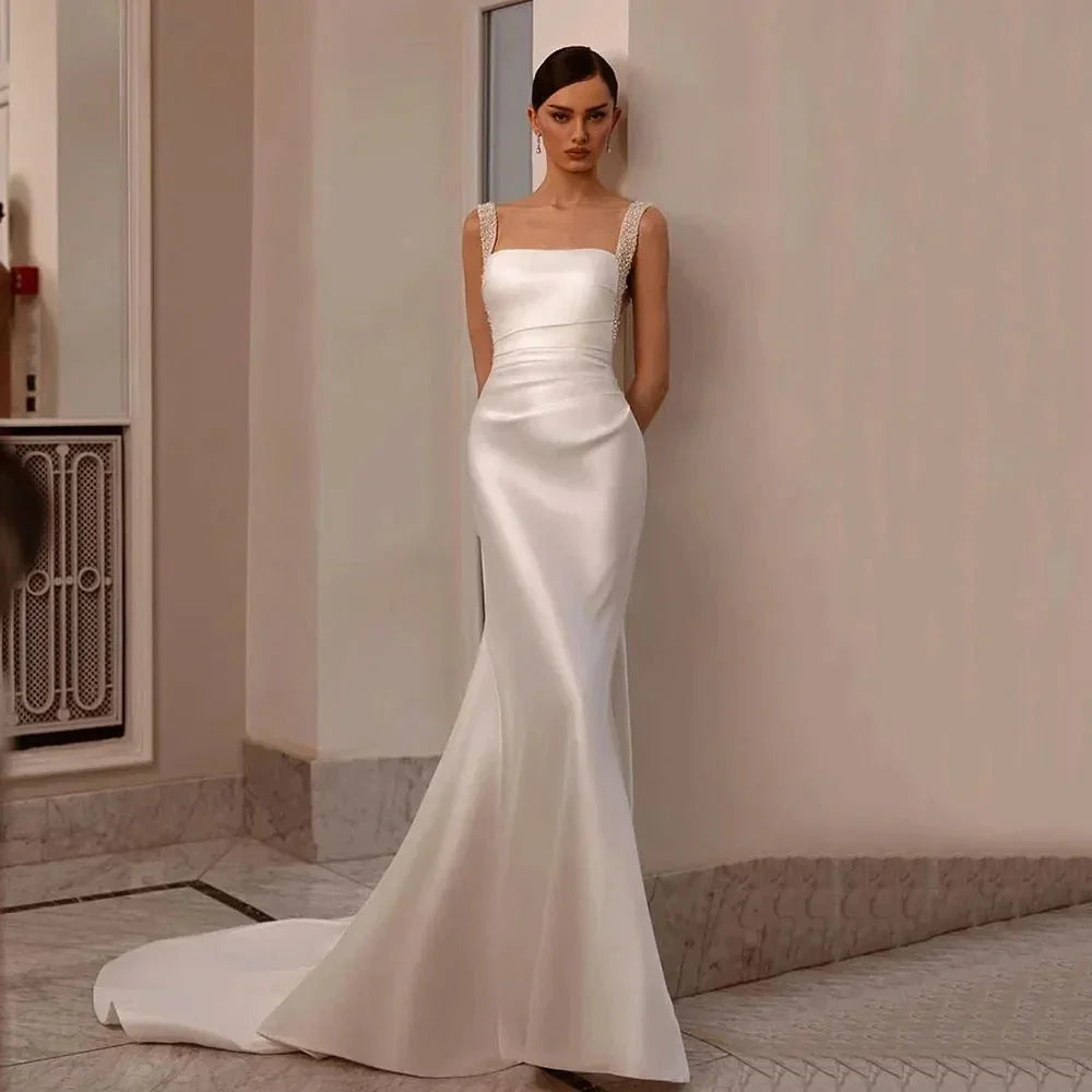 Boho Wedding Dresses Off The Shoulder With Sequined Square Neck Ball Gowns Smooth Satin Formal Bridal Party Vestido De Novia