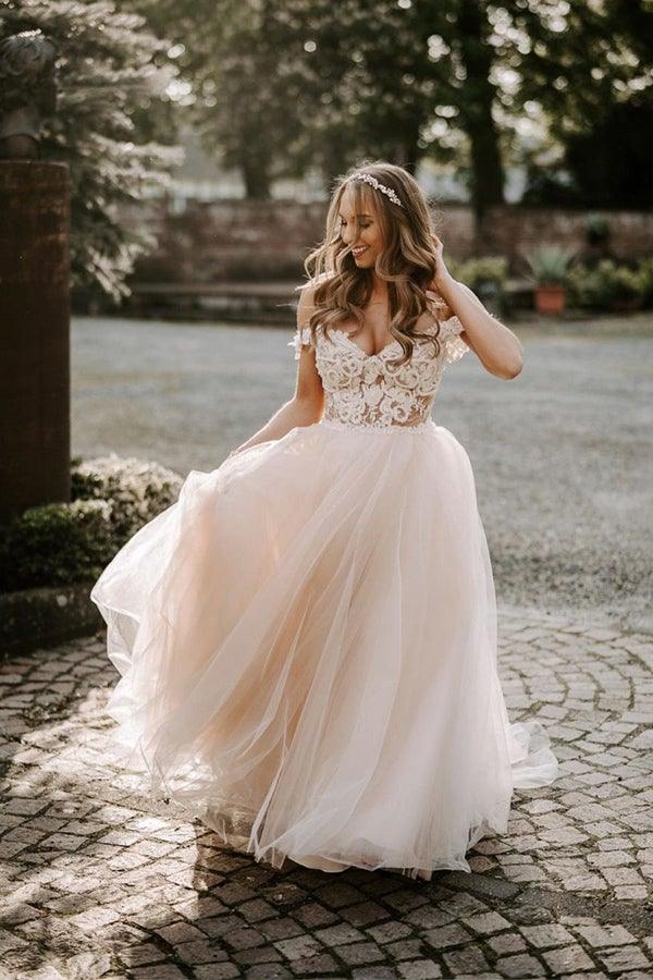 Vestido de novia corte bohemio champán con hombros descubiertos WD583