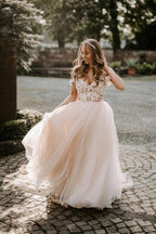 Vestido de novia corte bohemio champán con hombros descubiertos WD583