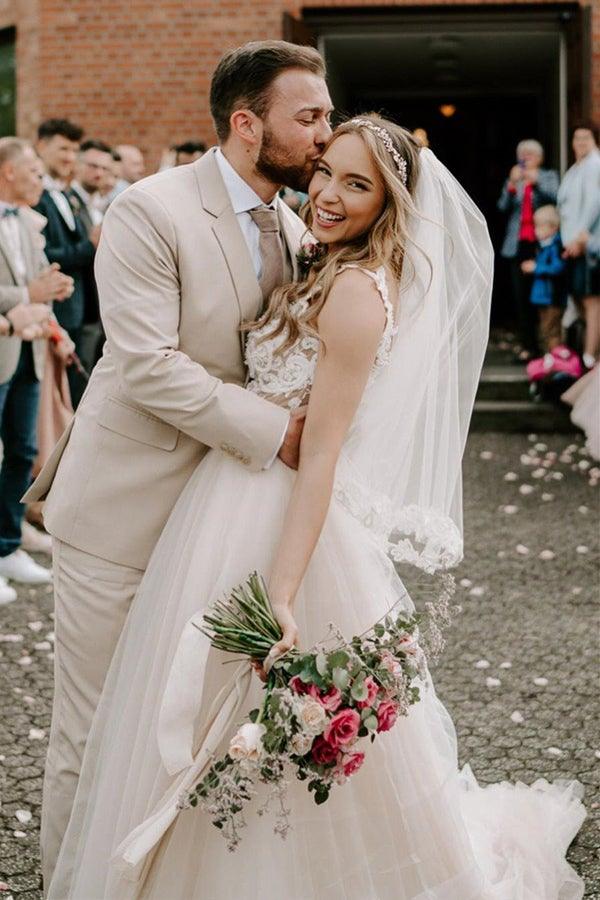 Vestido de novia corte bohemio champán con hombros descubiertos WD583