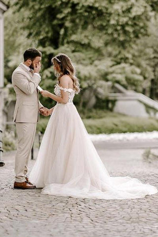 Vestido de novia corte bohemio champán con hombros descubiertos WD583