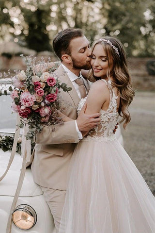 Vestido de novia corte bohemio champán con hombros descubiertos WD583