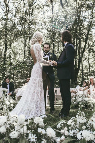 Vestidos de novia bohemios de encaje, cuello alto y mangas largas, estilo rústico WD594