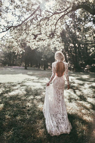 Vestidos de novia bohemios de encaje, cuello alto y mangas largas, estilo rústico WD594