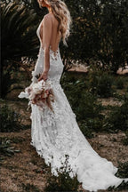 Robe de mariée sirène bohème à appliques florales et décolleté en V profond WD637