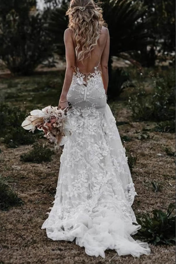 Robe de mariée sirène bohème à appliques florales et décolleté en V profond WD637