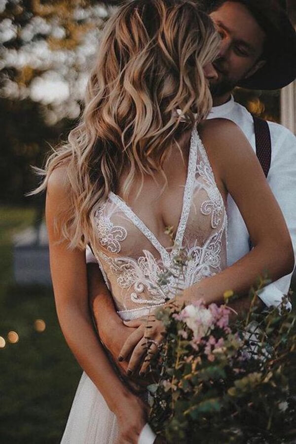 Boho Tulle Lace Sweep Train Wedding Dress Bridal Gown With Feather, MW524