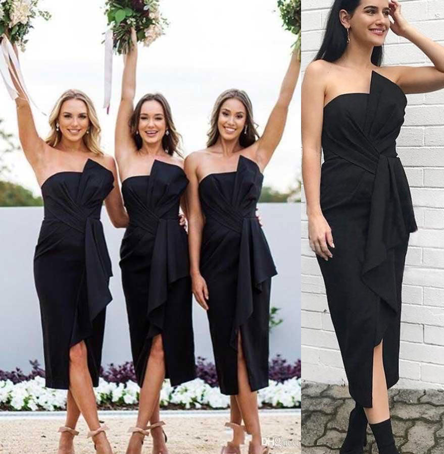 Vestidos de dama de honor negros sencillos, largos hasta la rodilla, sin mangas
