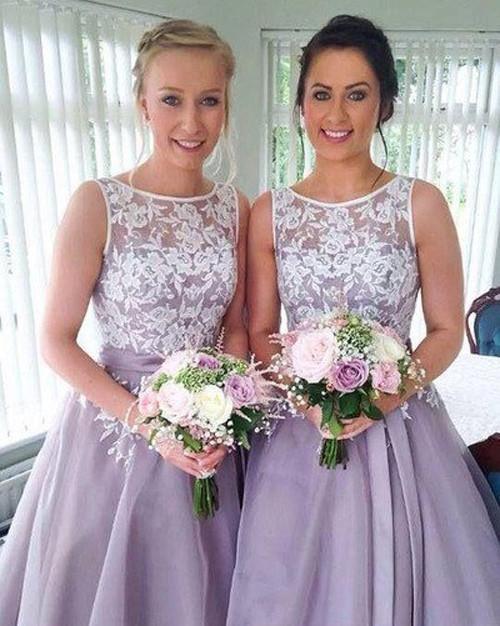 Lindo vestido de dama de honor de encaje lavanda con cuello alto, vestidos para fiesta de bodas 