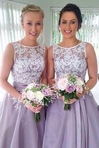 Lindo vestido de dama de honor de encaje lavanda con cuello alto, vestidos para fiesta de bodas 