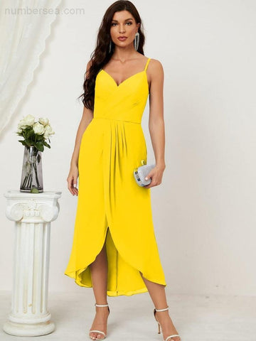 Vestido de dama de honor de gasa con escote en V y abertura media, vestido formal de fiesta, vestido de bienvenida 2803 