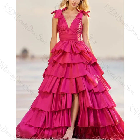 Robe de soirée rose poudré sans manches à col en V et fente, pour femme, idéale pour les fêtes et les bals. 