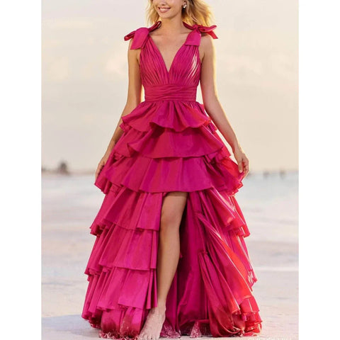 Robe de soirée rose poudré sans manches à col en V et fente, pour femme, idéale pour les fêtes et les bals. 