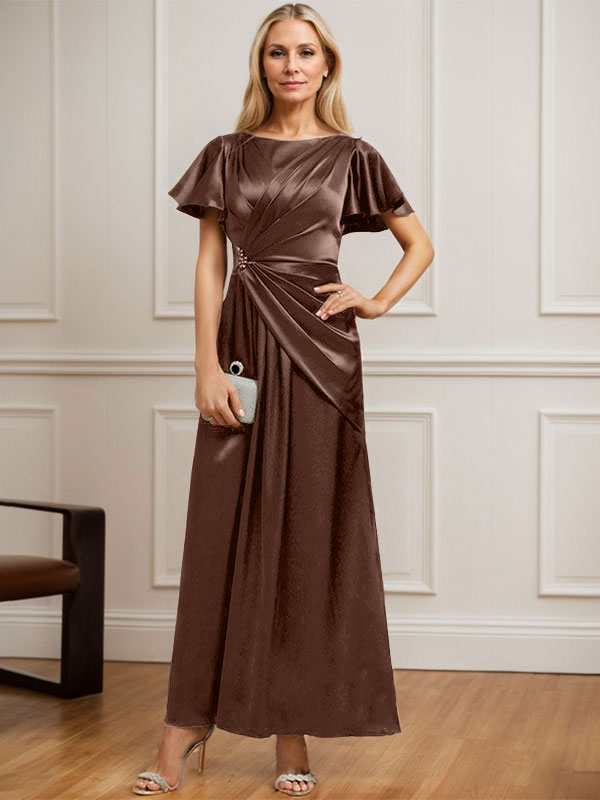 Robe de mère de la mariée en satin stretch, coupe trapèze, longueur cheville, décolleté rond et ornée de perles plissées 