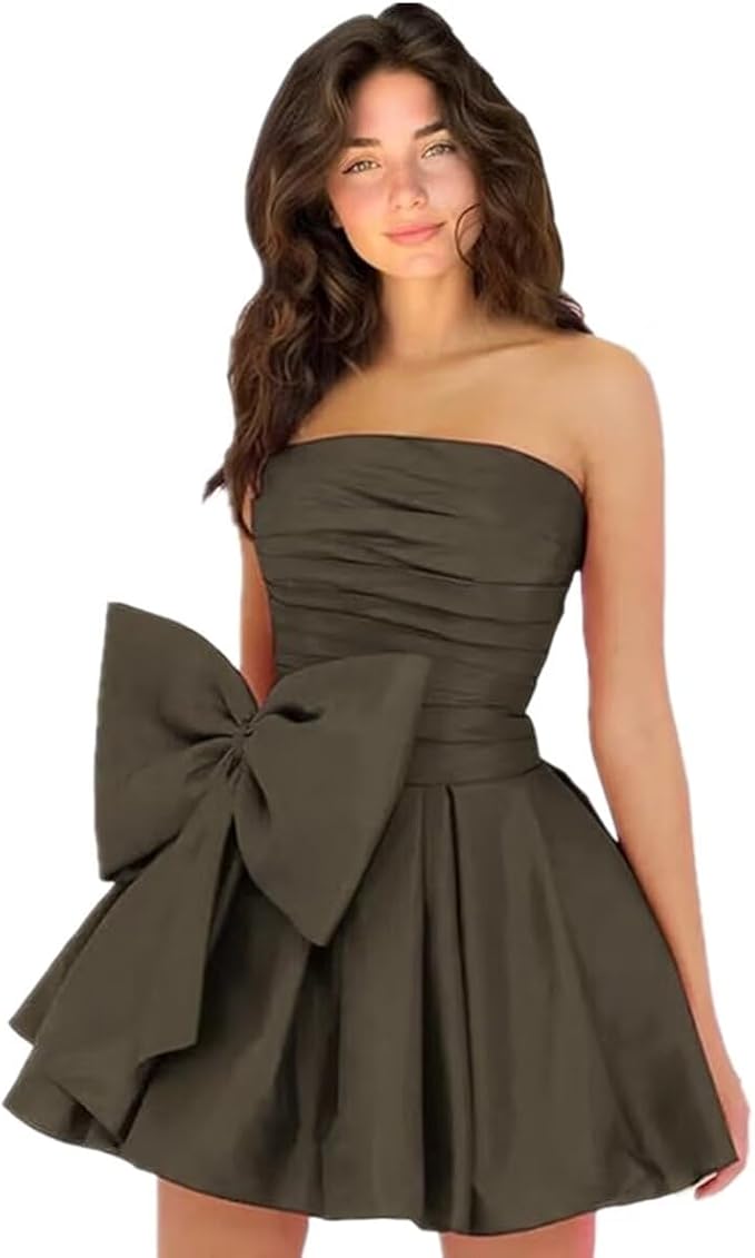 Robes de soirée courtes et chics pour le bal de promo, coupe trapèze, sans manches, bustier, froncées, lacées et ornées d'un nœud.
