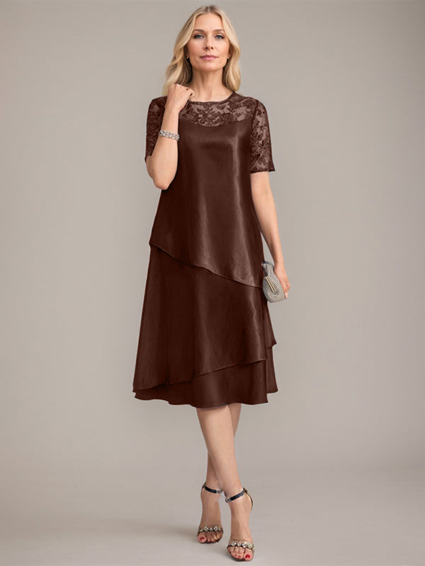 Vestido de corte A, escote redondo, largo hasta la rodilla, para la madre de la novia, con apliques y lentejuelas. 