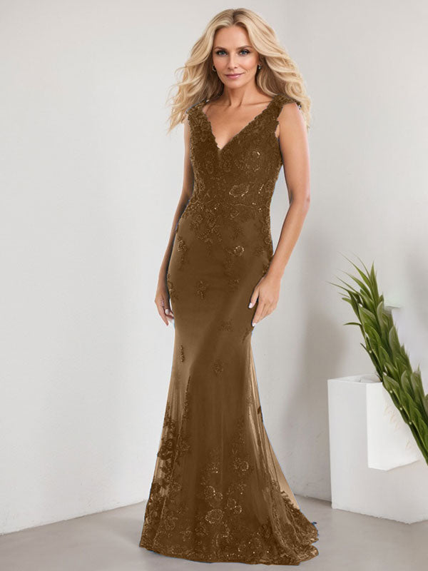 Vestido de sirena para la madre de la novia, corte sirena, escote en V, largo hasta el suelo, de gasa de encaje con apliques de lentejuelas. 