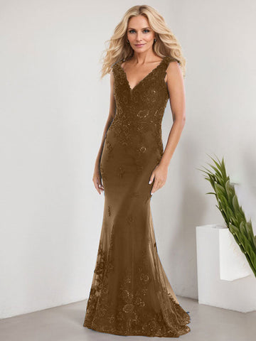 A-line V-Neck Floor-Length Lace Chiffon Mother of the Bride Dress With Applique Sequins Mermaid Dresses