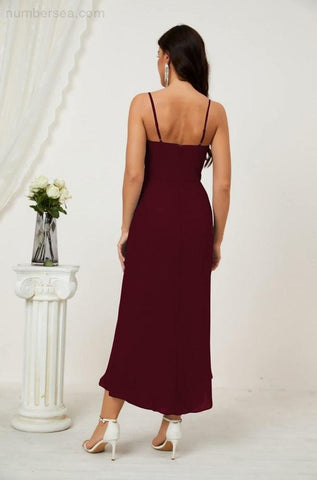 Vestido de dama de honor de gasa con escote en V y abertura media, vestido formal de fiesta, vestido de bienvenida 2803 