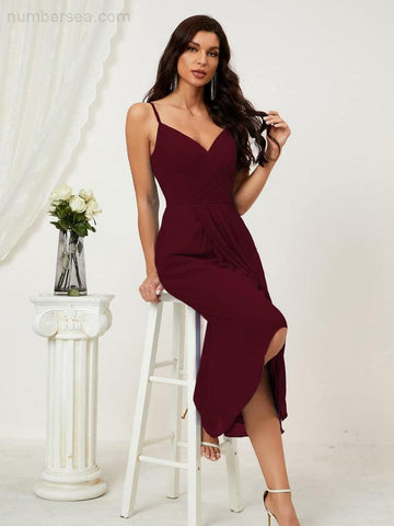 Vestido de dama de honor de gasa con escote en V y abertura media, vestido formal de fiesta, vestido de bienvenida 2803 