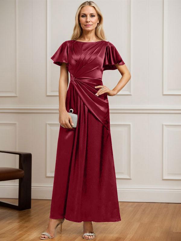 Robe de mère de la mariée en satin stretch, coupe trapèze, longueur cheville, décolleté rond et ornée de perles plissées 