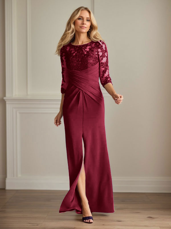 Vestido de madrina de la novia color ciruela, de encaje elástico y corte sirena. 