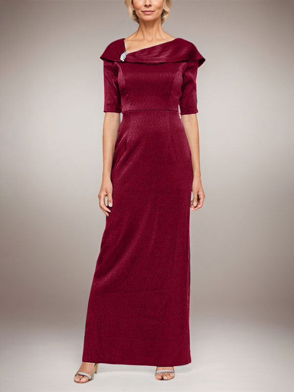 Vestido largo columna brillante con puño doblado, escote en L y mangas al codo