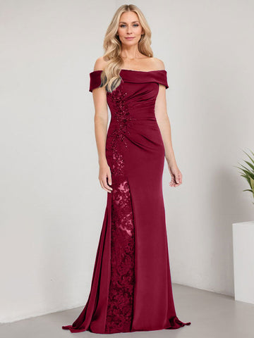 A-Line Off the Shoulder Floor-Length Mother of the Bride Dress Applique Beadings Mermaid Dress With  High Split
