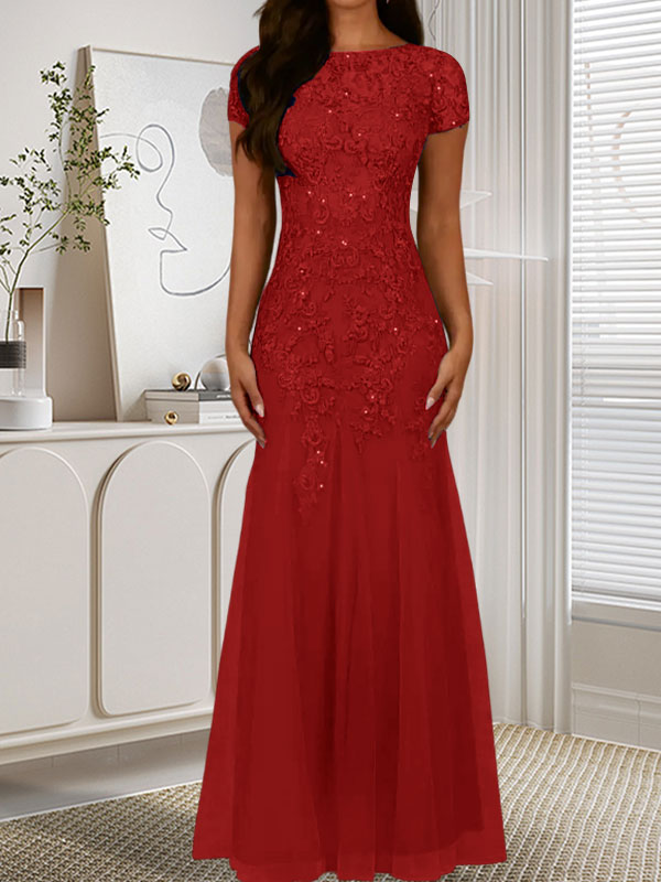 Robe sirène bleu marine foncé à sequins et tulle, décolleté rond, robe en tulle bleu marine foncé