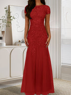 Robe sirène bleu marine foncé à sequins et tulle, décolleté rond, robe en tulle bleu marine foncé