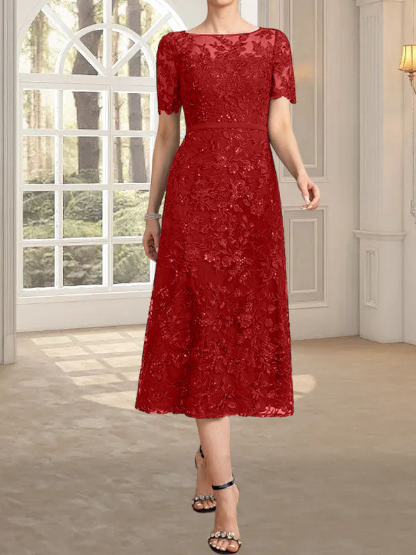 Robe de mère de la mariée en dentelle à sequins, coupe trapèze, décolleté illusion, longueur thé